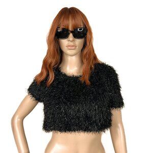 Faux Fur Sparkle Shaggy Black Crop Sweater Kaylee Collection Size‎ M - NWT